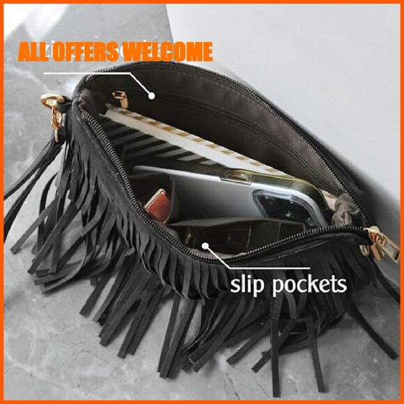 Fringe Crossbody Bag with Wristlet, Top Zip, Synthetic Faux Suede - Picture 5 of 8